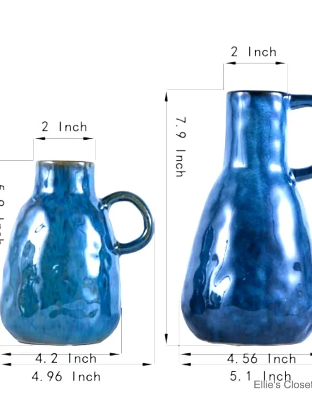 Blue Glazed Ceramic Vase Set of 2 with Handles, Farmhouse Decor, Centerpiece